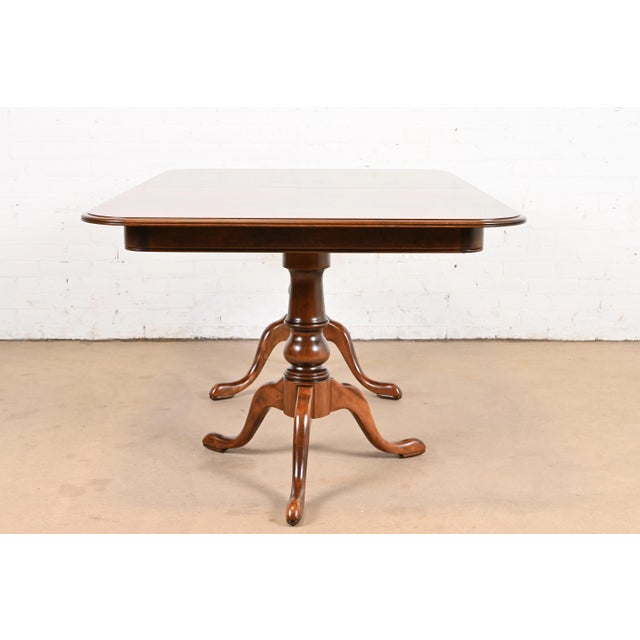 Ethan Allen Georgian Solid Cherry Wood Double Pedestal Extension Dining Table, Newly Refinished For Sale - Image 10 of 12