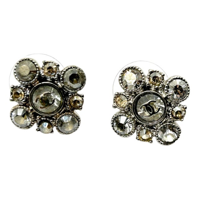 Chanel Silver CC Argyle Crystal Small Piercing Earrings, Set of 2 For Sale