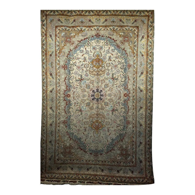 Vintage Persian Tabriz Rug, Finely Hand-Knotted Wool & Silk, Floral Pattern, Ivory & Blue, 7x10 For Sale