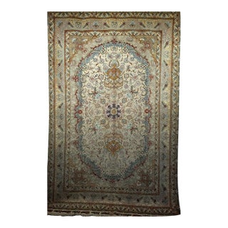 Vintage Tabriz Rug, Finely Hand-Knotted Wool & Silk, Floral Pattern, Ivory & Blue, 7x10 For Sale