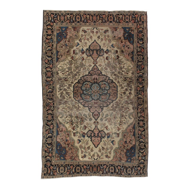 Antique Farahan Sarouk Rug, Handmade Oriental Rug, Ivory, Lt Blue Navy Very Fine For Sale
