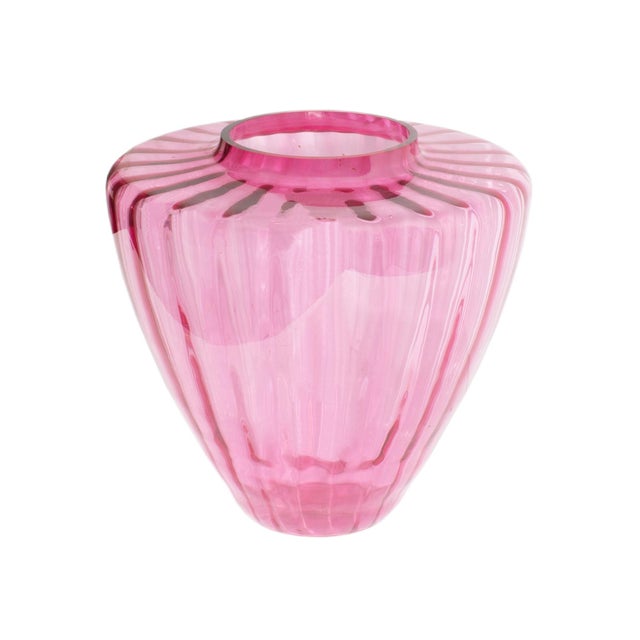 An oversized optic vase by Pilgrim Glass. The vase is in the Cranberry color and stands over 15 inches tall.
