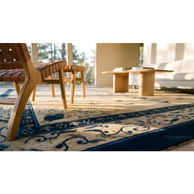 Beige Field Navy Border With Lovely Detail of Quin Style Antique Chinese Peking Rug For Sale - Image 14 of 15