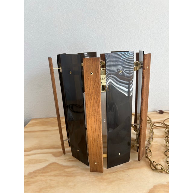 1970s Mid-Century Modern Swag Lamp Light With Smoked Lucite & Wood Panels For Sale - Image 4 of 12