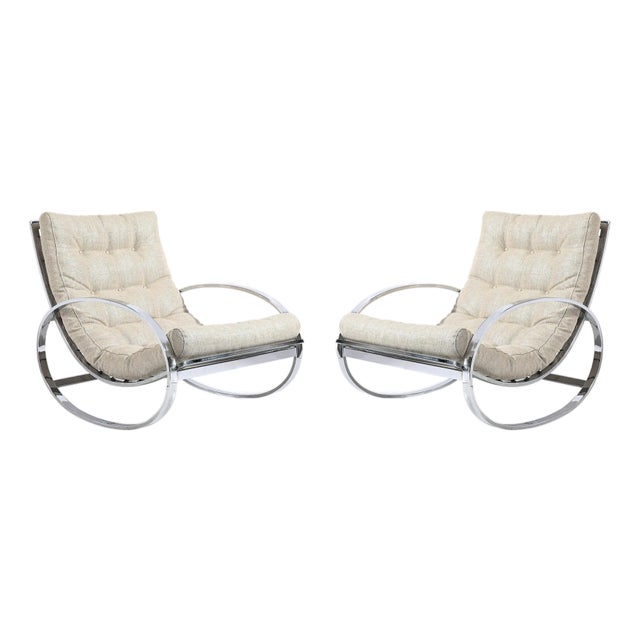 Mid-Century Chrome Rocking Lounge Chairs W/ Button Detailing by Milo Baughman For Sale