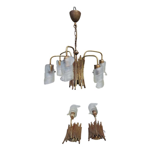 Vintage Chandelier & 2 Wall Lamps, 1980s, Set of 3 For Sale