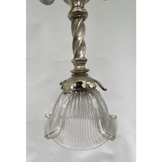 Art Nouveau Antique Late 19th Century French Ornate Silver 4 Light Chandelier With Glass Shades Stamped "P B" For Sale - Image 3 of 8