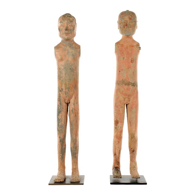 Pair of Chinese Han Tall Slender Terracotta Figures For Sale