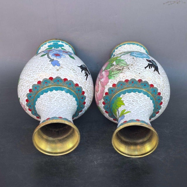Pair of Vintage Cloisonné Enamel Peony Vases With Bird Motif For Sale - Image 9 of 9