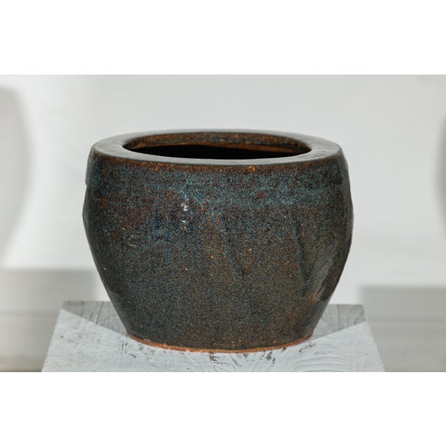 Mid 20th Century Vintage Chinese Brown and Blue Speckled Planter with Wide Opening For Sale - Image 5 of 18