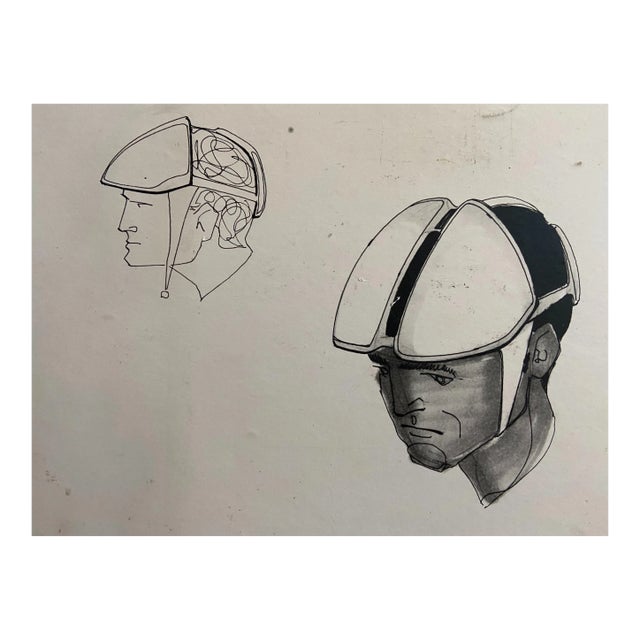 Raymond Loewy and William Snaith, Helmeted Man 2 Drawing for NASA, 1968, Ink on Cardboard For Sale