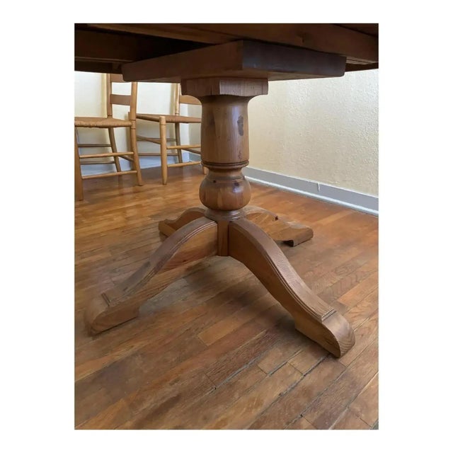 Vintage Ethan Allen Rustic Farmhouse Round Pedestal Table With Ladder Back Handwoven Rush Chairs For Sale In Kansas City - Image 6 of 14