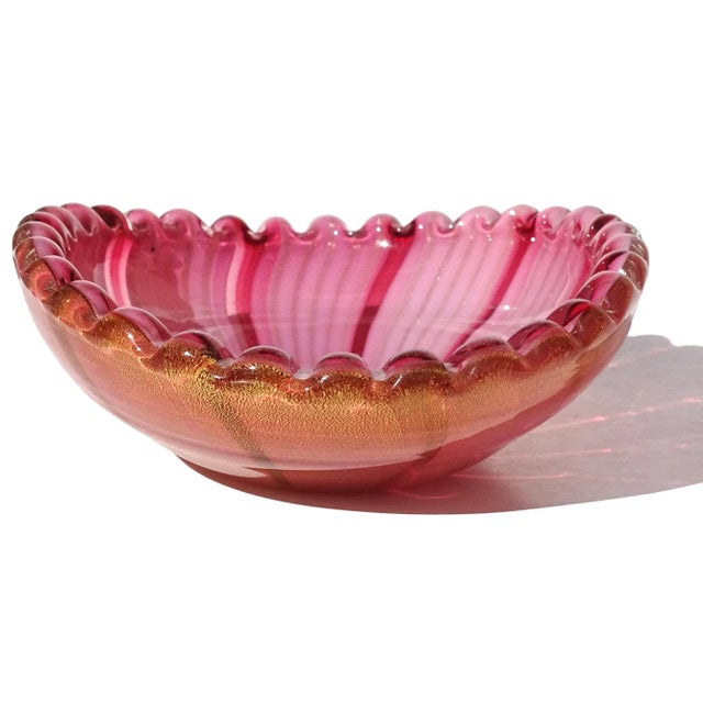 Dark Pink Vintage Murano Mid Century Pink Aventurine Ribbons Gold Flecks Italian Art Glass Scalloped Rim Bowl For Sale - Image 8 of 10