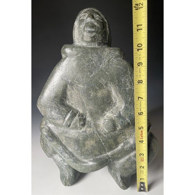 Mid 20th Century +25 LBS Huge Native Inuit Hand Carved Stone Sitting Human Art Sculpture For Sale - Image 11 of 11