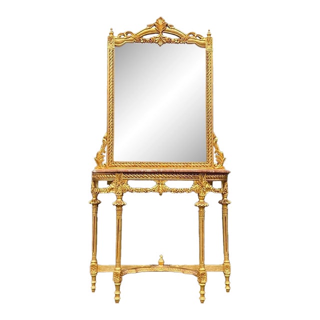 1950 French Louis XVI Gold Console Mirror Set - 2 Pc For Sale