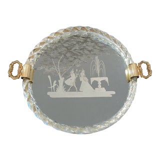 Vintage Venetian Murano Twisted Rope Glass Etched Mirror of Courting Couple by Fountain Vanity Tray For Sale