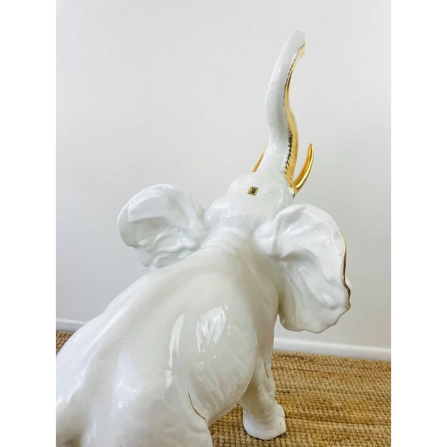 Vintage 1980s Huge White & Gold Ceramic Statue With Trunk Up / Blanc De Chine For Sale - Image 10 of 10