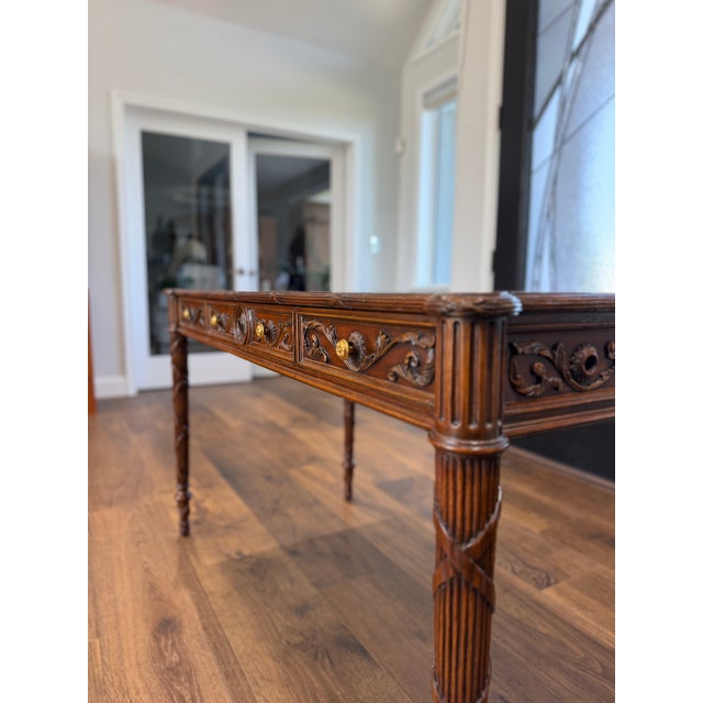 1980s Maitland-Smith Carved Mahogany Leather Top Writing Desk For Sale - Image 9 of 16