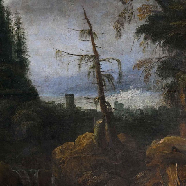 Venetian School, Animated Mountain Landscape with Architecture, 1800s, Oil on Canvas For Sale - Image 5 of 12