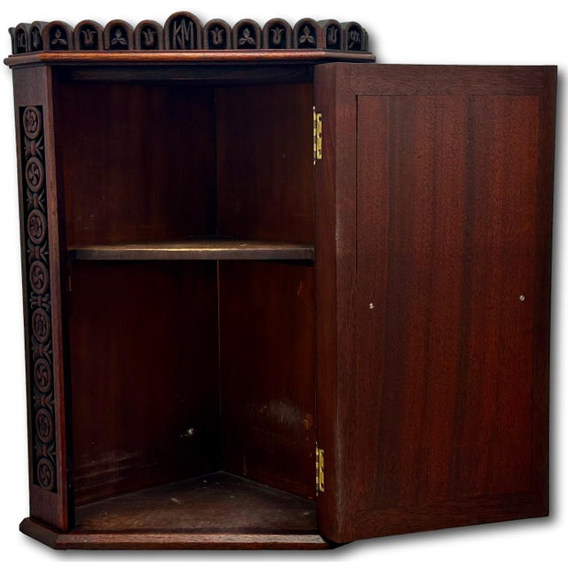 Outstanding Antique Beautifully Hand Carved Solid Mahogany Wall Hanging Corner Cabinet - Signed & Dated 1900 For Sale - Image 17 of 18