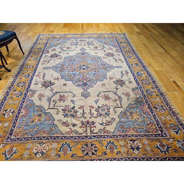Vintage Turkish Oushak Rug, Handwoven Geometric Pattern, Ivory & Blue, 8' x 11' For Sale In Chicago - Image 6 of 18