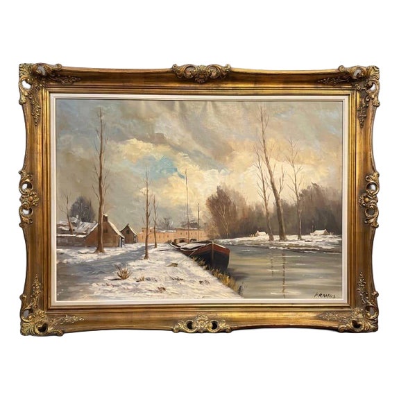 Dutch School, Winter River Landscape, Oil Painting For Sale