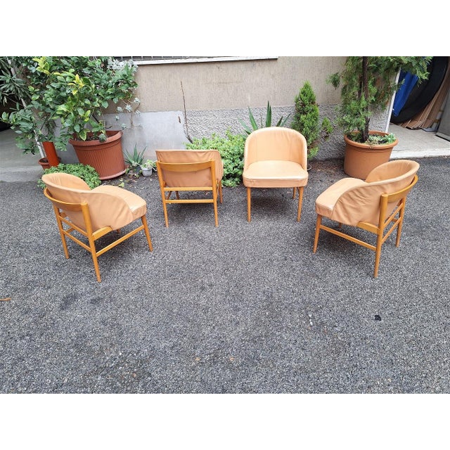 Armchairs in Light Wood and Caramel Ski Seat, 1960s, Set of 4, in Good conditions. Designed 1960 to 1969