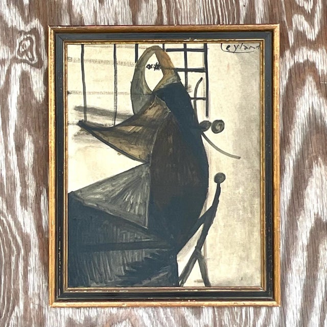 Vintage Boho Original Oil Portrait on Board For Sale In West Palm - Image 6 of 7