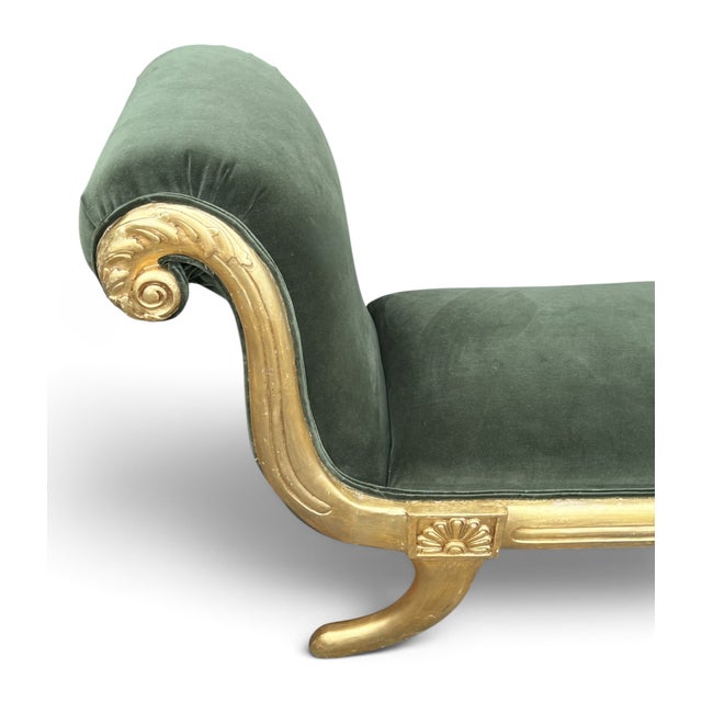 Vintage Hollywood Regency Neoclassical Giltwood Scroll-Arm Bench in Green Velvet For Sale - Image 12 of 12