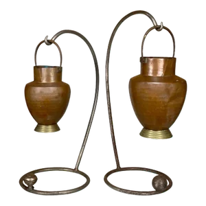 Antique Italian Farmhouse Hammered Copper Hanging Pitchers - a Pair