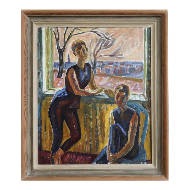 Mid-Century Modern 'Figures at the Window' Vintage Swedish Expressive Figurative Oil Painting, Framed For Sale