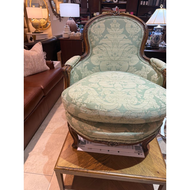 Wood Late 19th Century French Walnut Bergère in Green Cotton Damask For Sale - Image 7 of 16