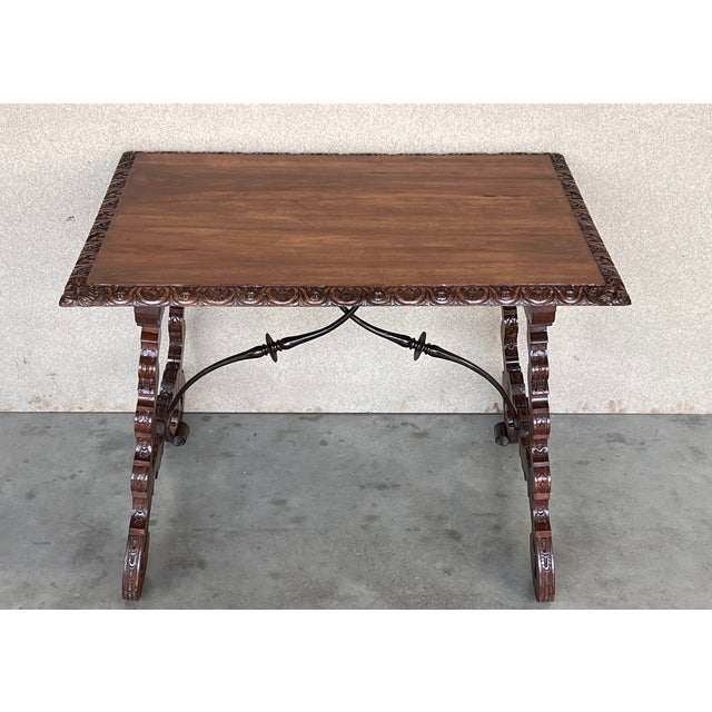 Side Table of Walnut With Carved Lyre Legs and Top, Spanish, 19th Century For Sale - Image 4 of 13