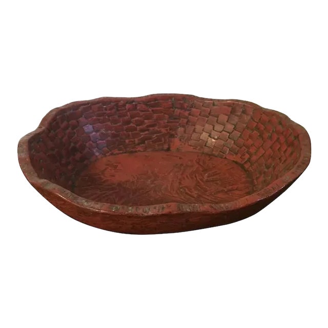 Antique Japanese Red Lacquer Carved Wood Basketweave Centerpiece Bowl For Sale