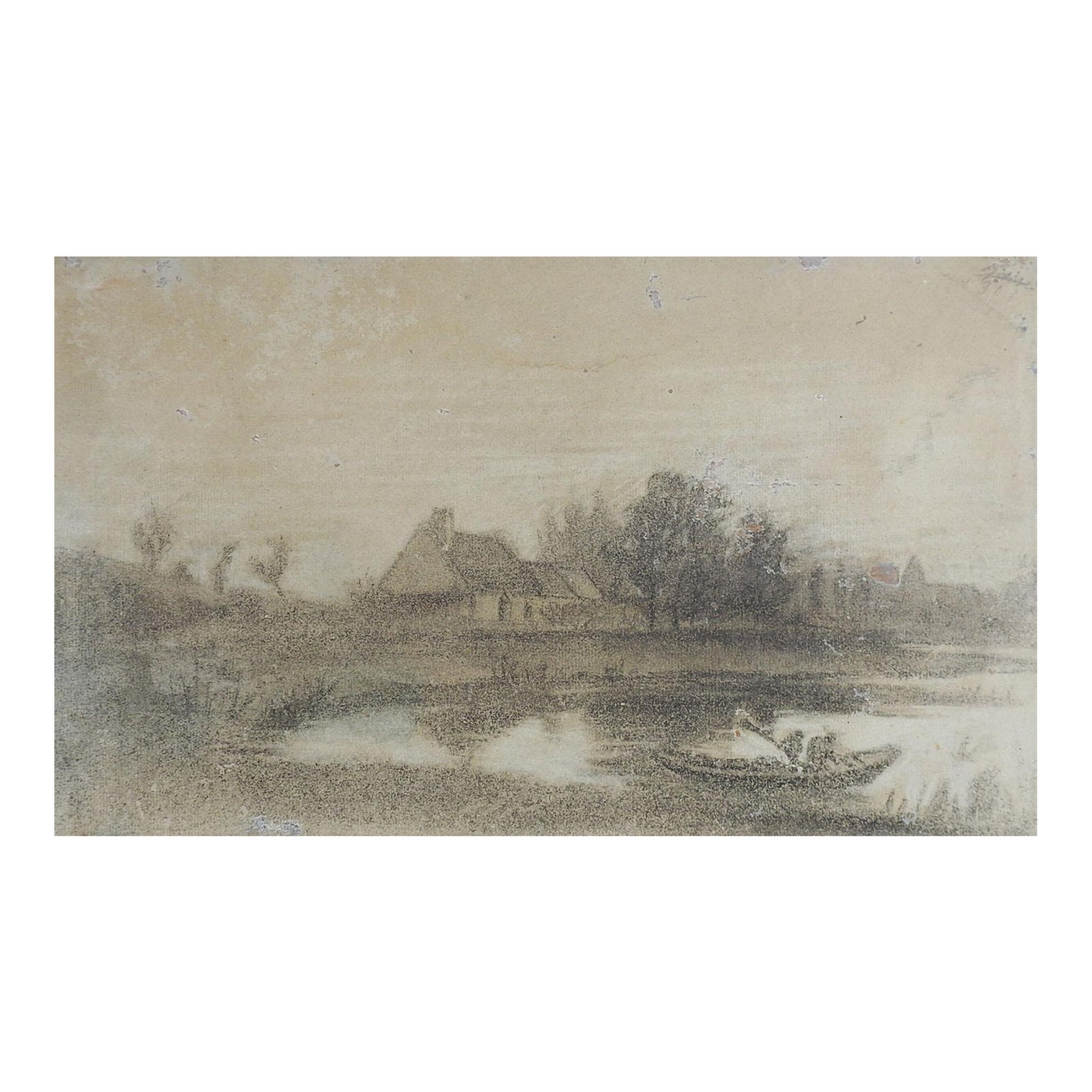 Late 19th Century Pastoral Lake Cottage Charcoal Drawing | Chairish