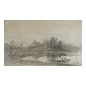 Late 19th Century Pastoral Lake Cottage Charcoal Drawing