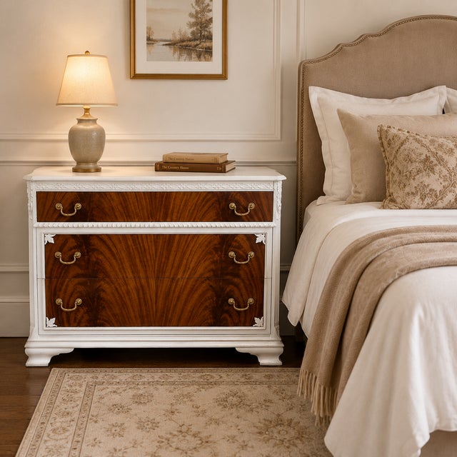 Mid 20th Century Vintage Bookmatched Flame Mahogany 3-Drawer Dresser in White With Carved Details For Sale - Image 5 of 6