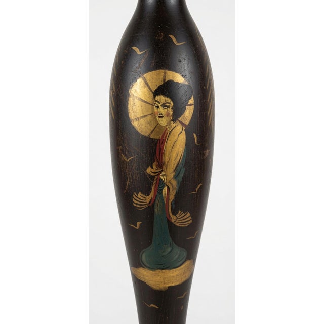 A striking early 20th-century Chinoiserie floor lamp with strong Hollywood Regency presence. The tall turned-wood column...