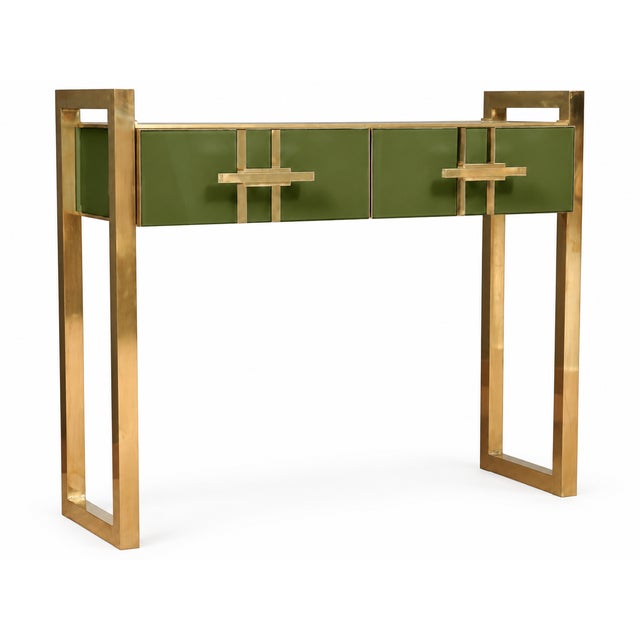 Contemporary Olive Green Murano Glass Console Table with Brass Accents from Justfurnituress SRL For Sale - Image 3 of 11