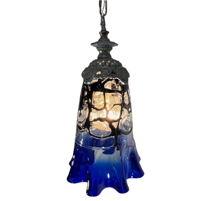 Late 20th Century Vintage Fazzoletto Cobalt Blue Black Fenestrated Art Glass Pendant Light For Sale - Image 5 of 18