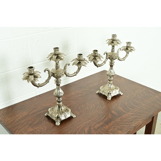 Tiffany and Co. Tiffany & Co. Style Antique Victorian Silverplate Three-Light Candelabras, Pair For Sale - Image 4 of 12