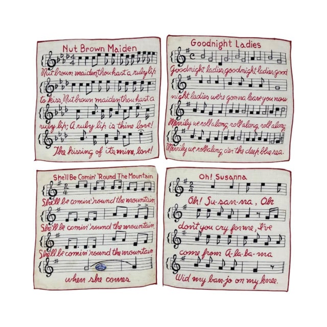 Textile Vintage Set 4 Falflax Musical Song Linen Holiday Cocktail Napkins For Sale - Image 7 of 9