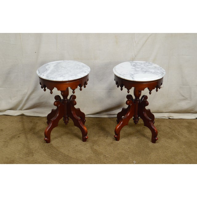 Victorian Style Solid Mahogany Oval Marble Top Side Tables A Pair