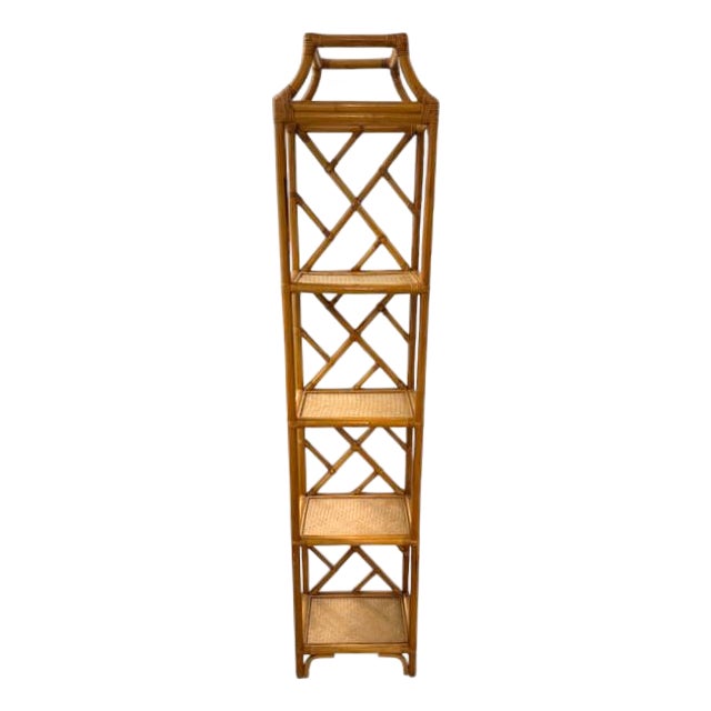 Vintage Bamboo & Rattan 5-Tier Étagère Shelf – Coastal Chinoiserie Style For Sale