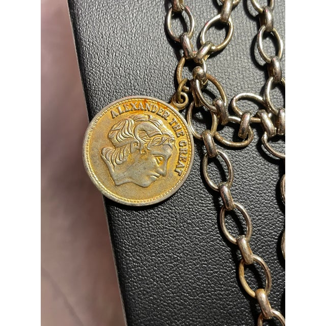 Mid-Century Modern Coin Charm Necklace Republique Francaise Alexander the Great French Replica Dangling Coin Chain Mail. MCM Jewelry For Sale - Image 3 of 6