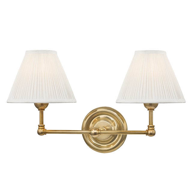 Transitional Mark D. Sikes 2 Light Classic Wall Sconce, Aged Brass, Natural Shade For Sale - Image 3 of 3
