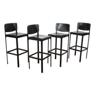 1980s Mid-Century Matteo Grassi Black Saddle Leather Sistina Bar Stools - Set of 4 For Sale