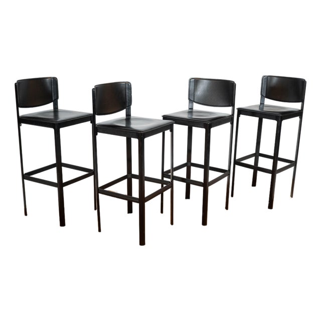 1980s Mid-Century Matteo Grassi Black Saddle Leather Sistina Bar Stools - Set of 4 For Sale