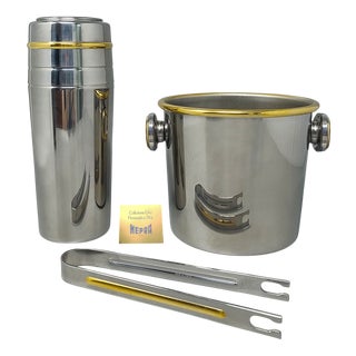 Vintage Cocktail Shaker in Gold 24k and Stainless Steel with Ice Bucket by Mepra, 1970s, Set of 3 For Sale