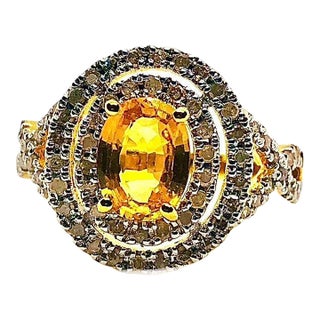 Bochic “Orient” Vintage Yellow Sapphire & Cognac Diamond Ring Set In 18K Gold & Silver For Sale